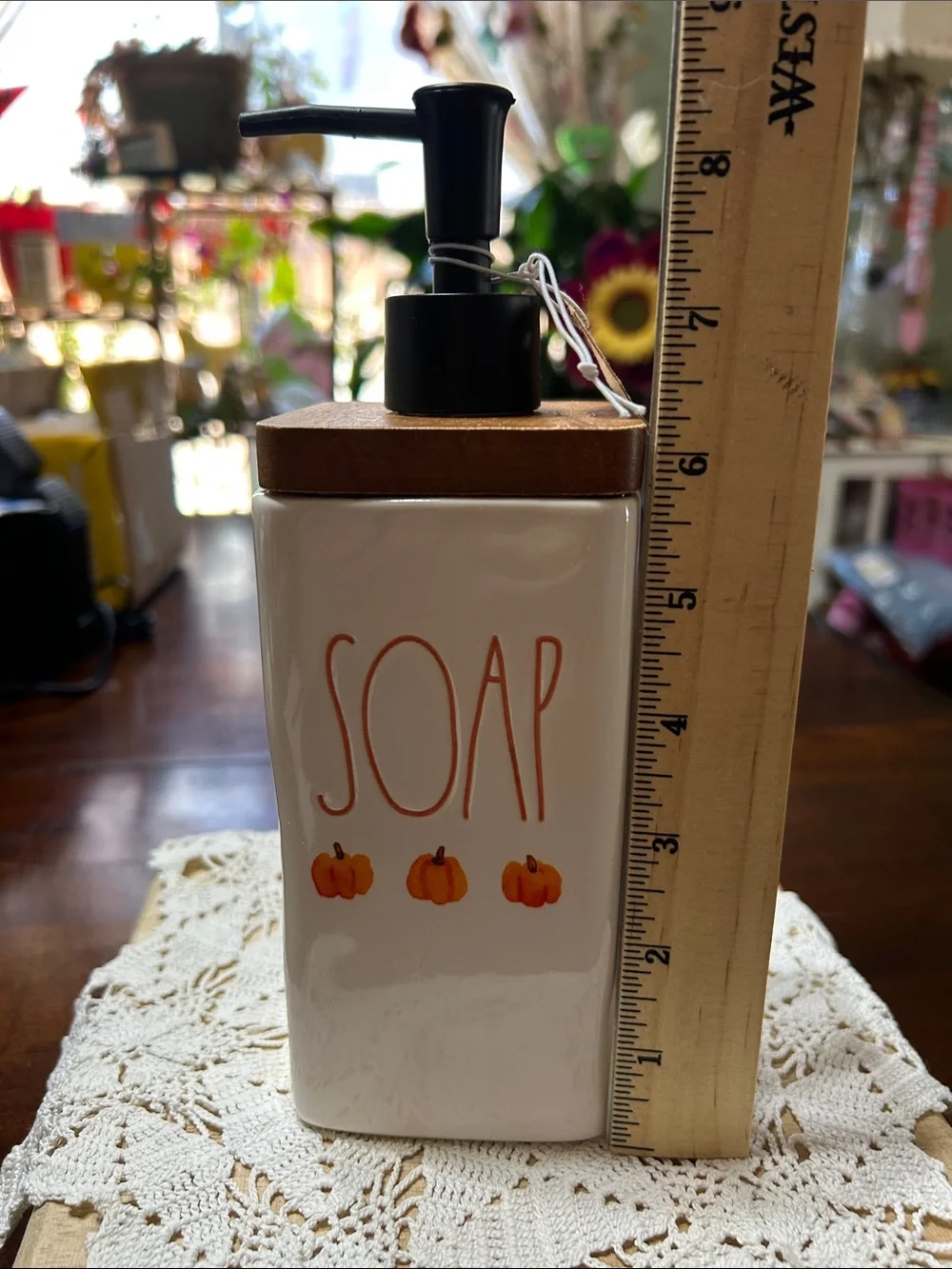 Rae Dunn Ceramic Square Soap Dispenser Wood Top “SOAP” and Pumpkins Decor NWT